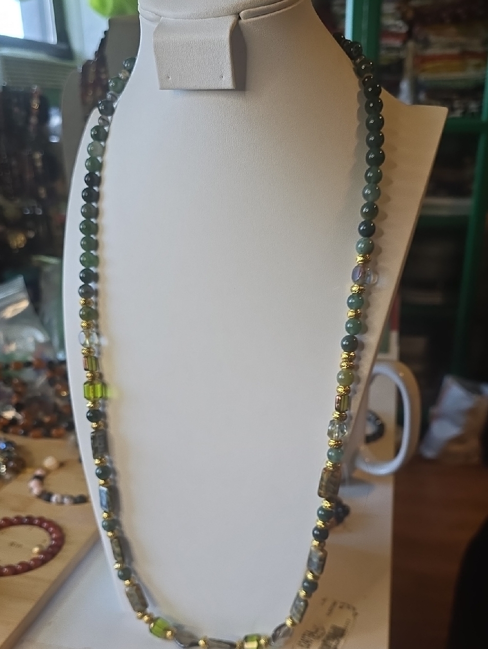 Green Beaded Necklace with Gold Accents - Women Jewelry